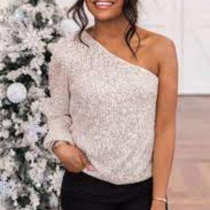 Right Away Gold One Shoulder Sequin Blouse